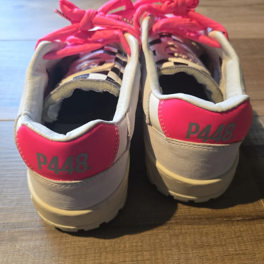 P448 Mason Sneaker White/Chess leather Puffy Pink Laces Size 39 US Size 8.5-9